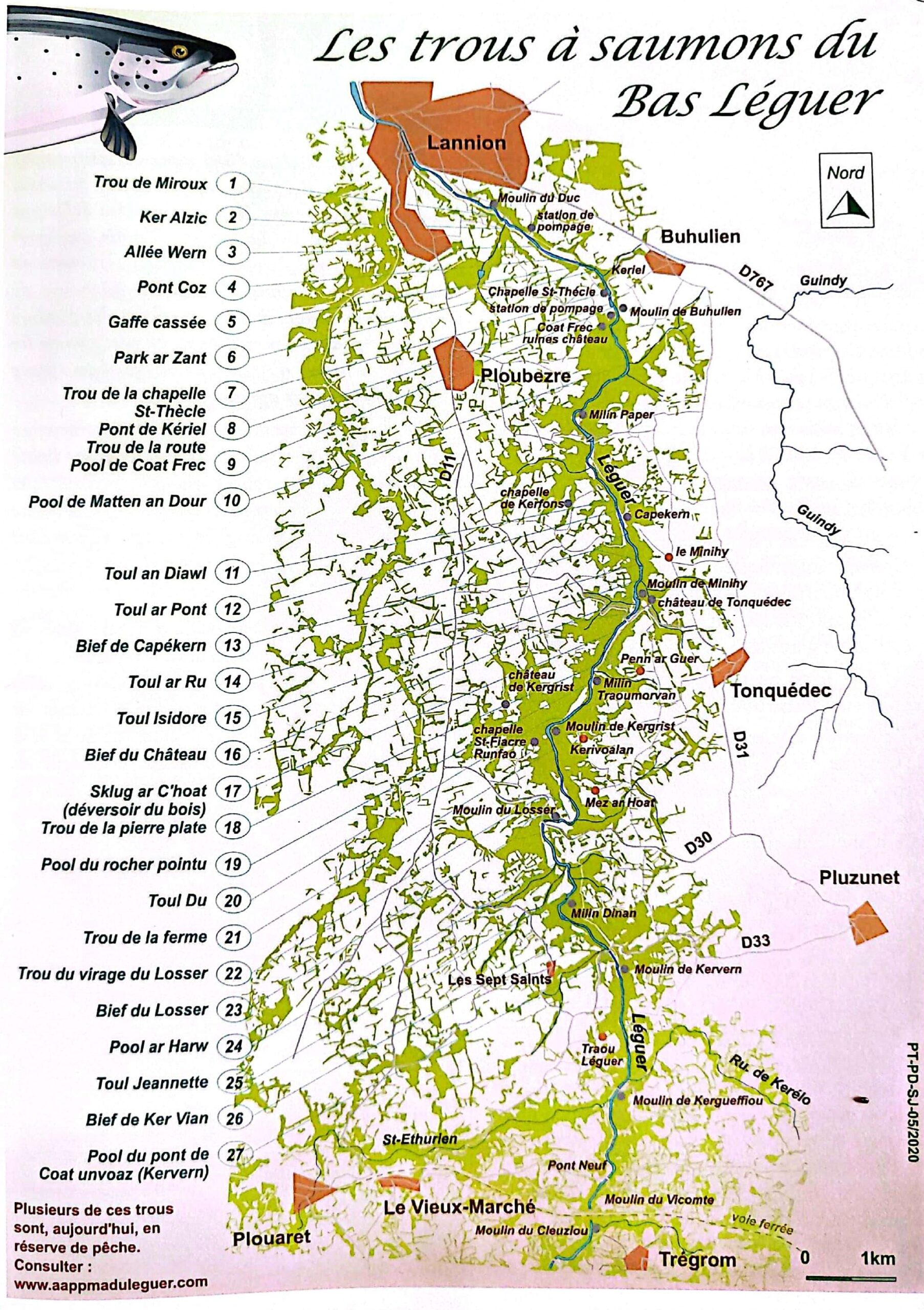 Carte illustrée des « trous à saumons » du Léguer